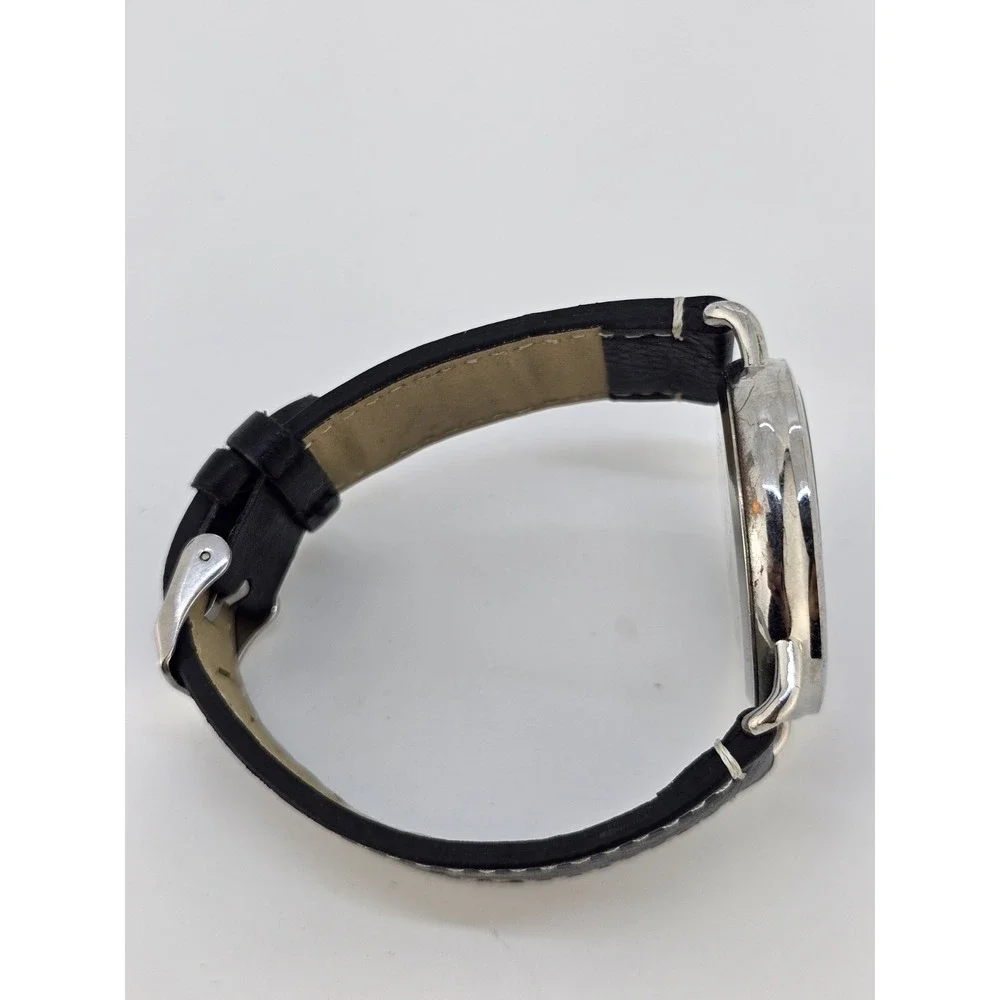 Men Easy Read Analog Watch 41MM White Dial Black Faux Leather Bands New Battery
